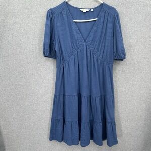 Boden Seersucker Ruffle Dress Women's Size 6 Lightweight Blue Puff Short Sleeves
